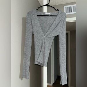 Gray Ribbed Knit Wrap Top